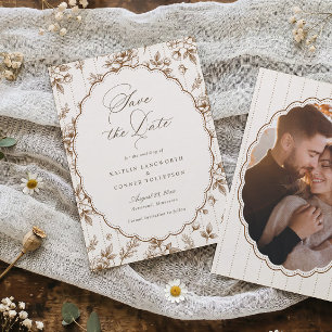 Vintage French Floral Brown & Cream Photo Wedding Save The Date