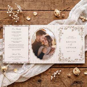 Vintage French Floral Brown & Cream Wedding Tri-Fold Programme