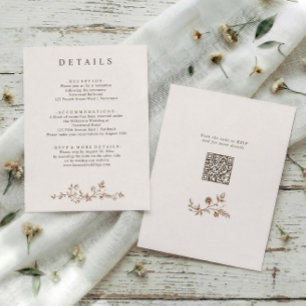 Vintage French Floral Brown Wedding Details QR Enclosure Card