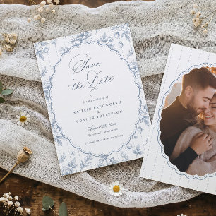 Vintage French Floral Dusty Blue Photo Wedding Save The Date