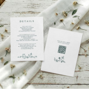 Vintage French Floral Emerald Wedding Details QR Enclosure Card