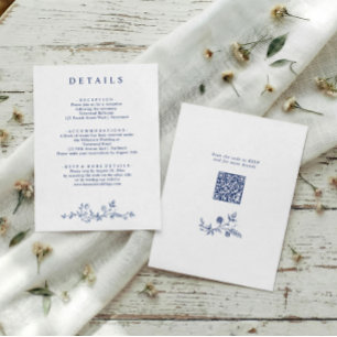Vintage French Floral Navy Blue Wedding Details QR Enclosure Card