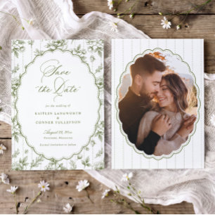 Vintage French Floral Olive Green Photo Wedding Save The Date