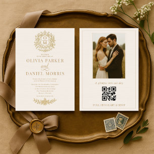 Vintage French Floral QR Code Photo Wedding Invitation