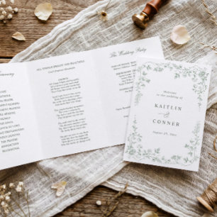 Vintage French Floral Sage Green Photo Wedding Tri-Fold Programme