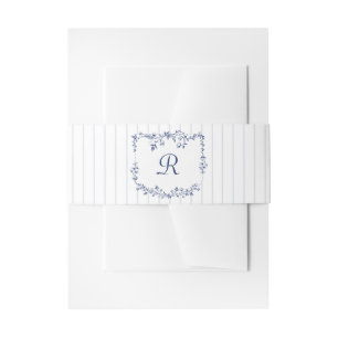 Vintage French Floral Stripes Navy Blue Wedding Invitation Belly Band