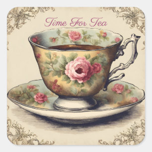 Vintage French Floral TeaCup Garden Tea Party Square Sticker