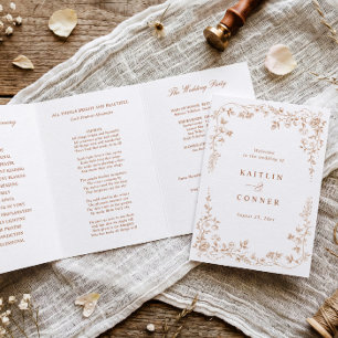 Vintage French Floral Terracotta Orange Wedding Tri-Fold Programme