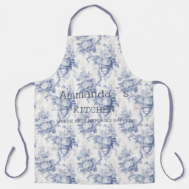 Vintage French Floral Toile Blue Apron (Front)