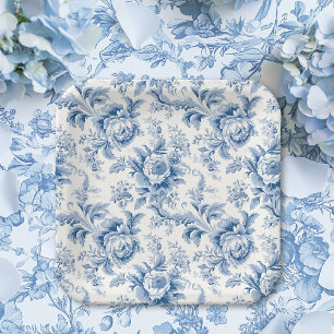 Vintage French Floral Toile Blue Paper Plates