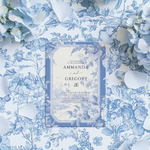 Vintage French Floral Toile Blue Wedding  Invitation