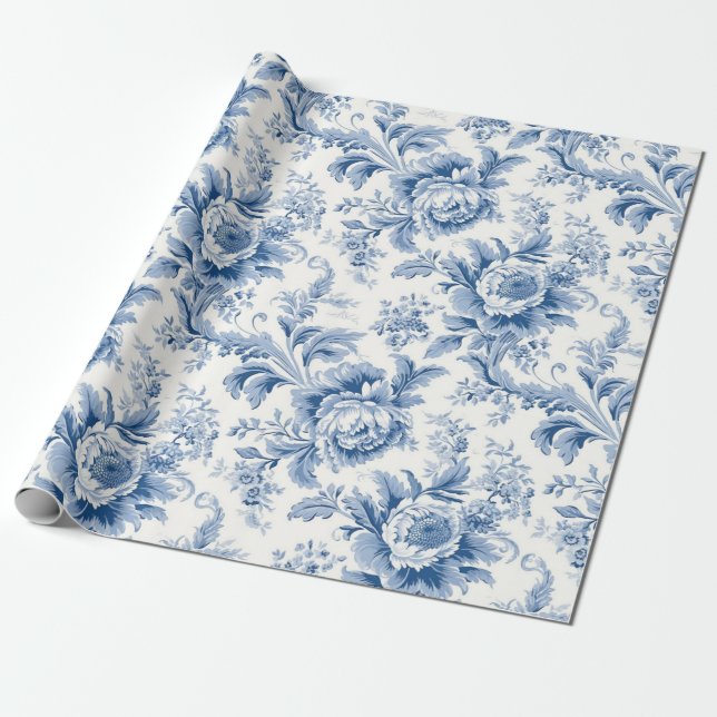 Vintage French Floral Toile Blue Wrapping Paper (Unrolled)