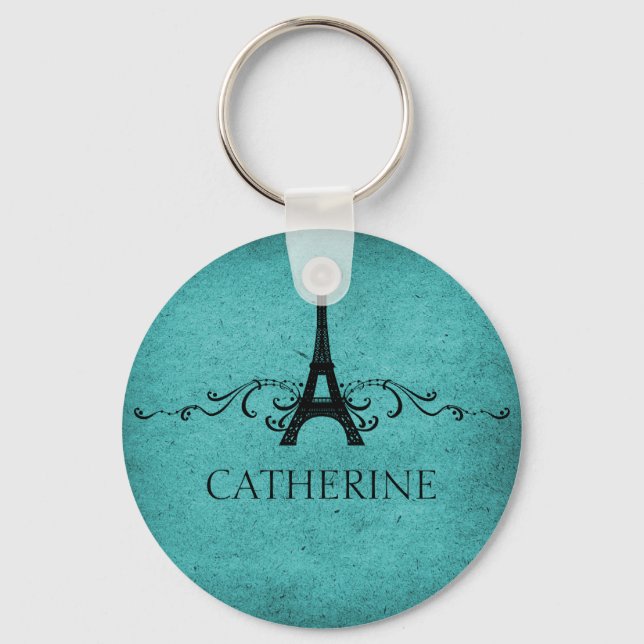 Vintage French Flourish Keychain, Teal Key Ring (Front)