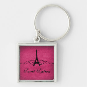 Vintage French Flourish Sweet 16 Keychain, Pink Key Ring