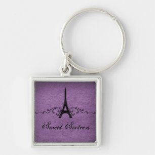 Vintage French Flourish Sweet 16 Keychain, Purple Key Ring