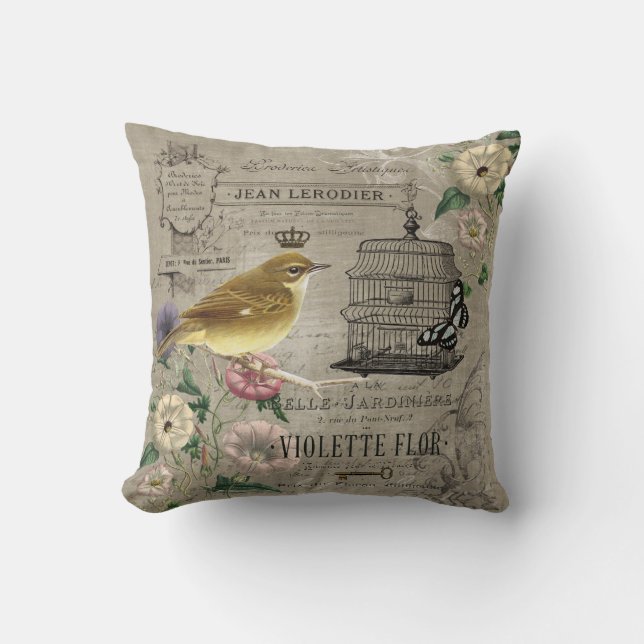 Vintage French garden bird pillow (Front)