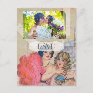 Vintage French Gay Lesbian Wedding RSVP with Photo Invitation Postcard