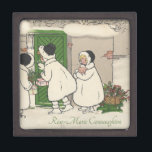 Vintage French Gift Girls Christmas Gift Box<br><div class="desc">Vintage illustration by children's illustrator P. Ebner. Three girls,  probably sisters,  knock at a big green door,  waiting with holiday gifts (even a little tree and a pig!) in hand.</div>