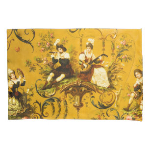 Vintage French Gold Yellow Toile Victorian Floral Pillowcase