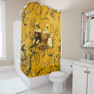 Vintage French Gold Yellow Toile Victorian Floral Shower Curtain