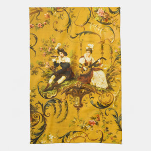 Vintage French Gold Yellow Toile Victorian Floral Tea Towel