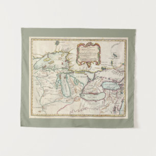 Vintage French Great Lakes Map  Tapestry