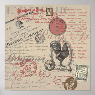 Vintage French Handwriting Paris Rooster Poster