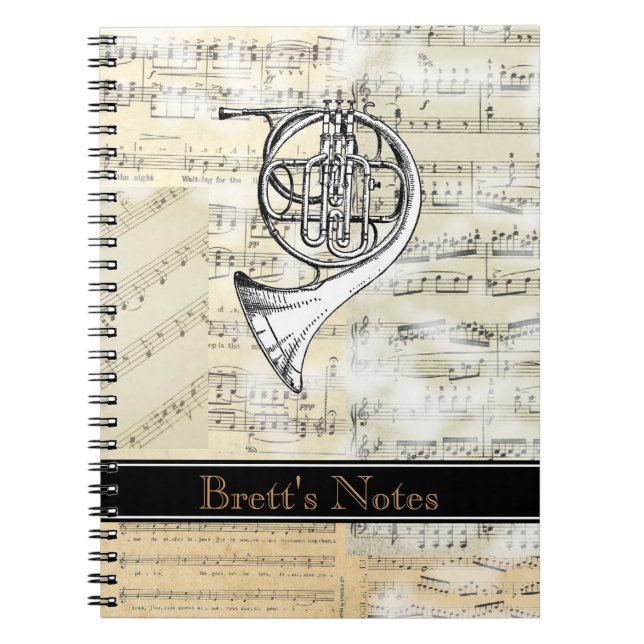 Vintage French Horn Music Spiral Notebook (Front)