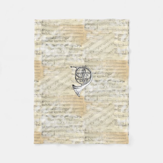 Vintage French Horn Sheet Music Fleece Blanket (Front)