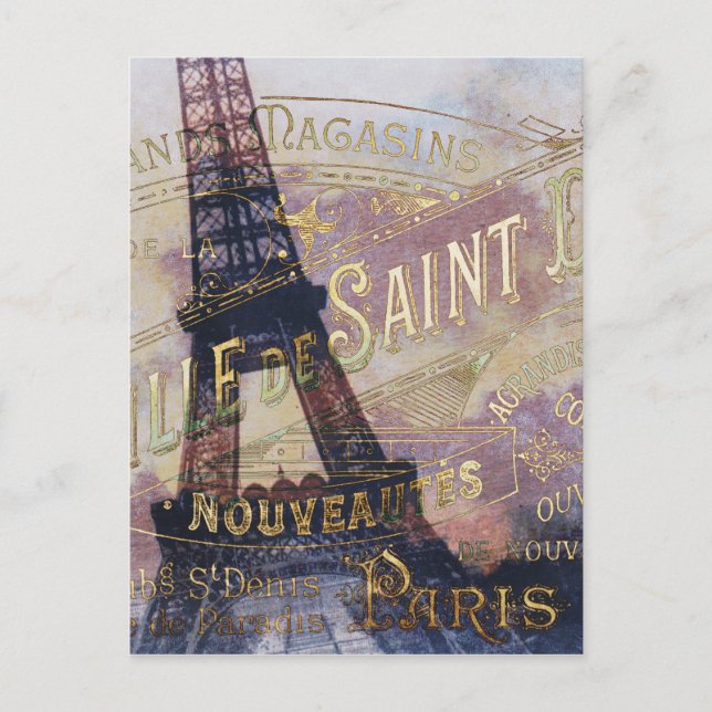 Vintage French Label and Eiffel Tower Postcard (Front)