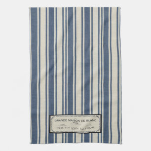 Vintage French Label on Blue and Cream Stripes Tea Towel