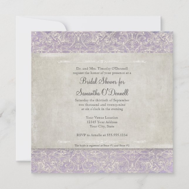 Vintage French Lace Elegant Lavender Cream Wedding Invitation (Front)