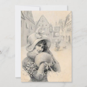 Vintage French Lady Christmas Hat Muff Mistletoe   Holiday Card