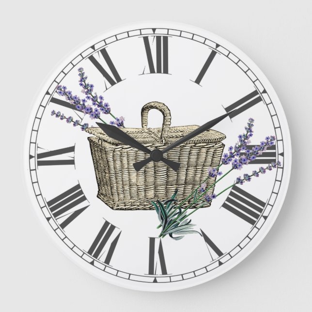 Vintage French Lavender Basket Floral Large Clock (Front)