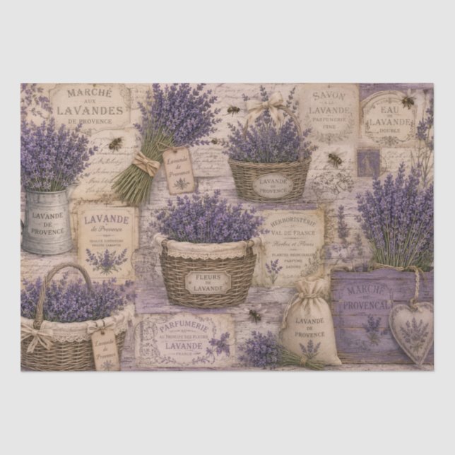 Vintage French Lavender Bees Wicker Baskets  Tissue Paper (Front)