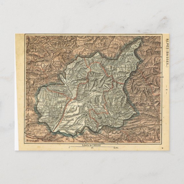 Vintage French map, Alpes Basse Postcard (Front)