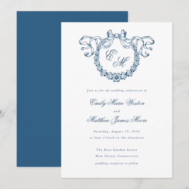 Vintage French Monogram Wreath Blue Wedding Invitation (Front/Back)