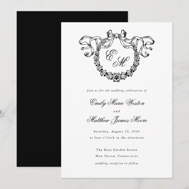 Vintage French Monogram Wreath Elegant Wedding Invitation (Front/Back)