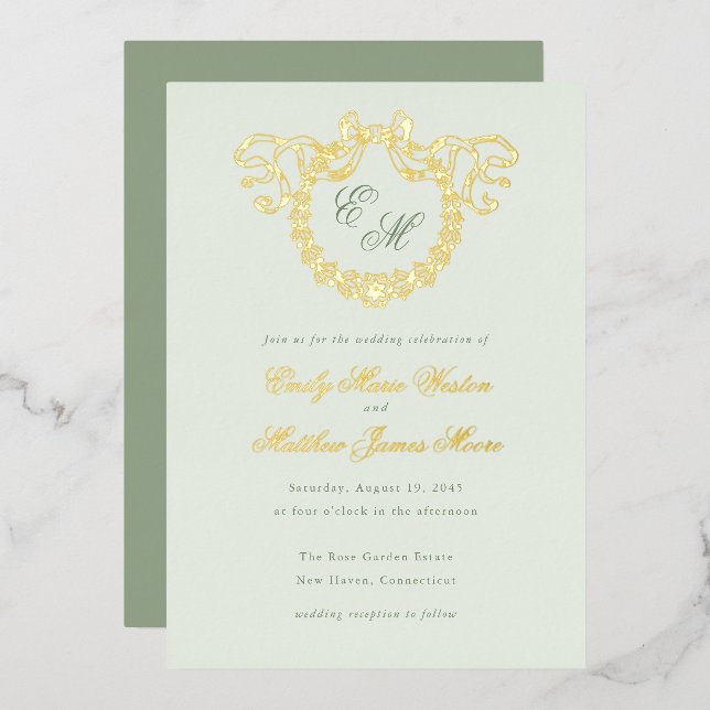 Vintage French Monogram Wreath Sage Wedding (Front/Back)