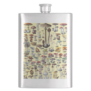 Vintage French Mushroom Cottagecore Botanical Art Hip Flask