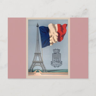 Vintage French National Flag & Eiffel Tower Postcard