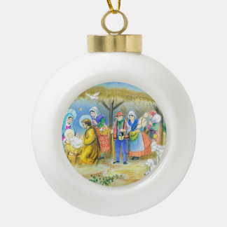 Vintage French Nativity scene Ceramic Ball Christmas Ornament