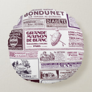 Vintage French Newspaper Ads 1910 Round Cushion