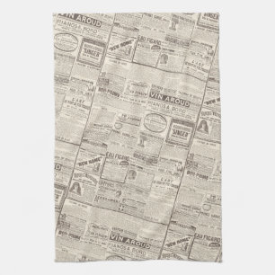 Vintage French Newspaper Advertisements Pattern Tea Towel