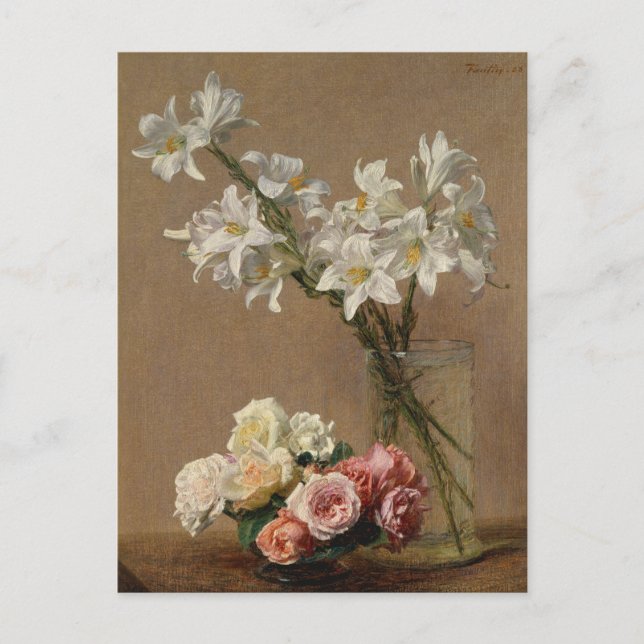 Vintage French Painting Roses and Lilies Postcard (Front)