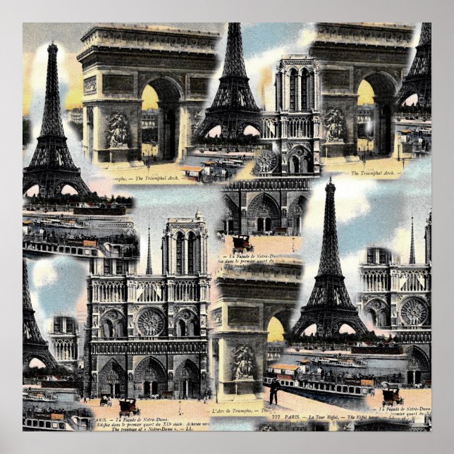 Vintage French Paris Travel Collage Eiffel Tower Poster (Front)