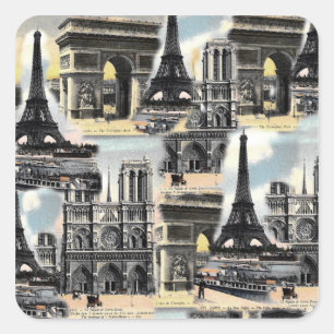 Vintage French Paris Travel Collage Eiffel Tower Square Sticker