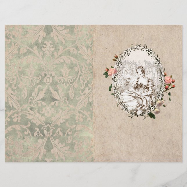 Vintage French Peasant Girl Pink Rose Journal Page (Front)