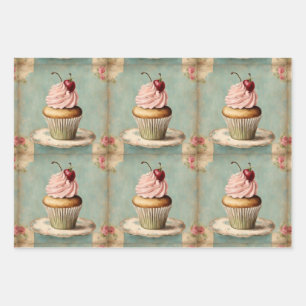 Vintage French Pink Cupcake Birthday Tea Party Wrapping Paper Sheet