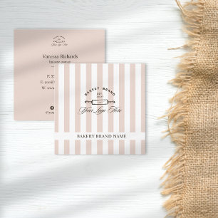 Vintage French Pink Elegant Striped Bakery Logo Square Business Card